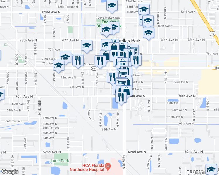 map of restaurants, bars, coffee shops, grocery stores, and more near 5001 71st Avenue North in Pinellas Park