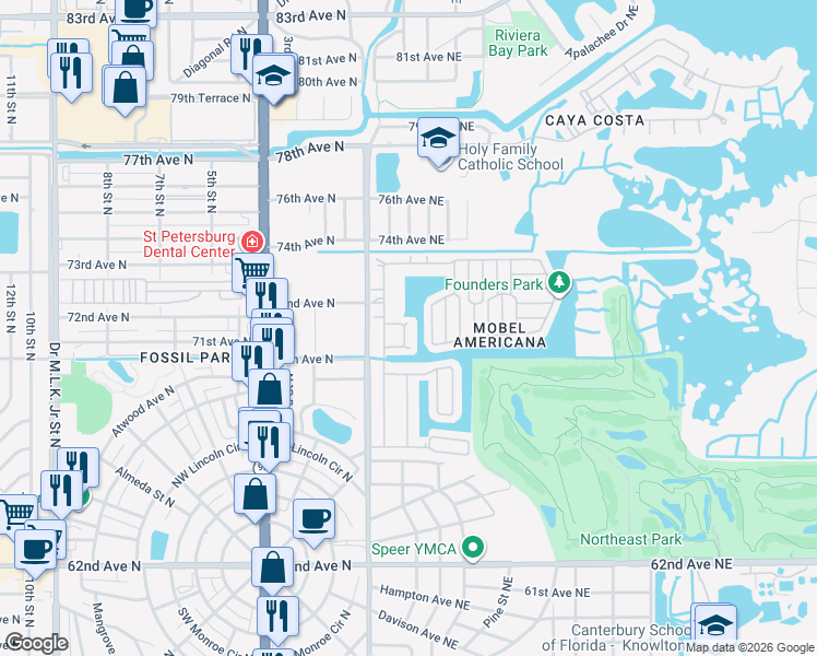 map of restaurants, bars, coffee shops, grocery stores, and more near 164 Americana Drive Northeast in St. Petersburg