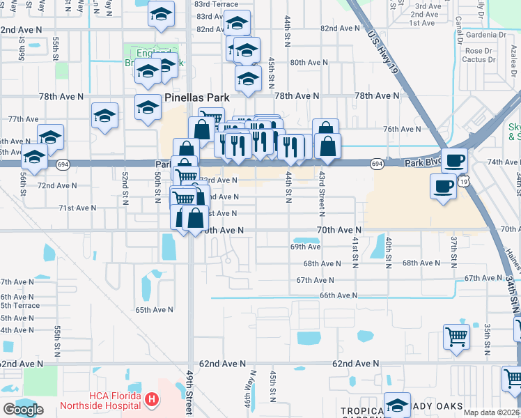 map of restaurants, bars, coffee shops, grocery stores, and more near 4500 72nd Avenue North in Pinellas Park