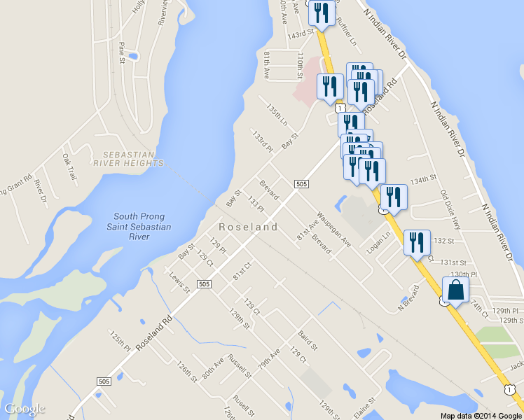 map of restaurants, bars, coffee shops, grocery stores, and more near 8230 133 Pl in Sebastian