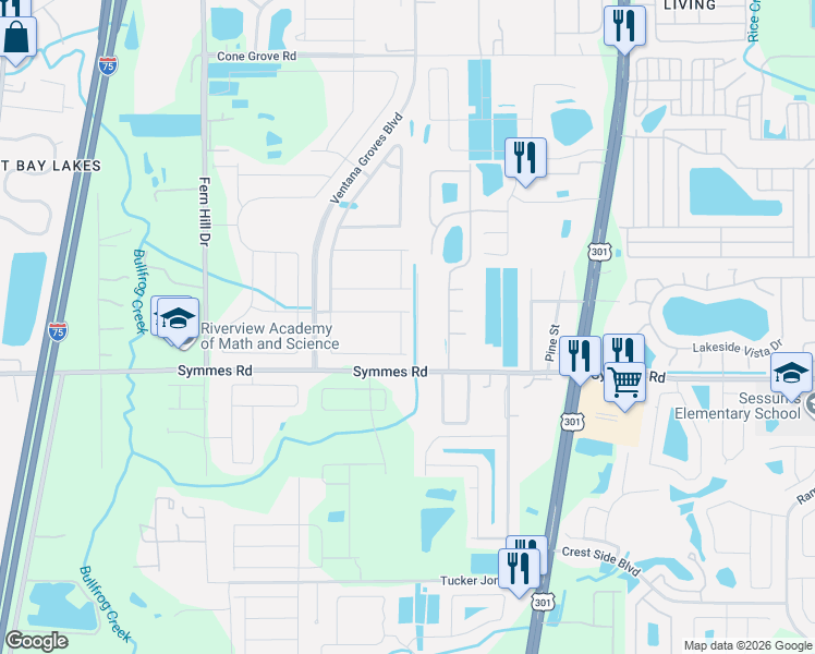 map of restaurants, bars, coffee shops, grocery stores, and more near 11310 Oak Barrel Place in Riverview