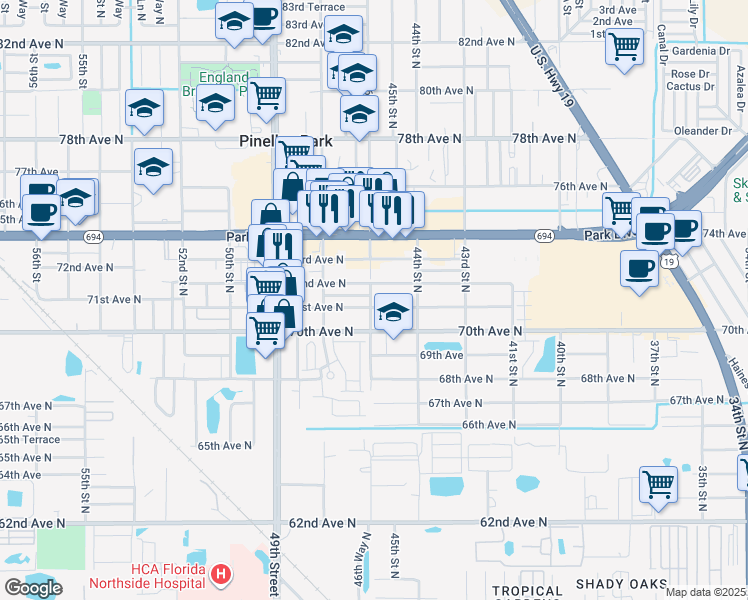 map of restaurants, bars, coffee shops, grocery stores, and more near 4624 72nd Avenue North in Pinellas Park
