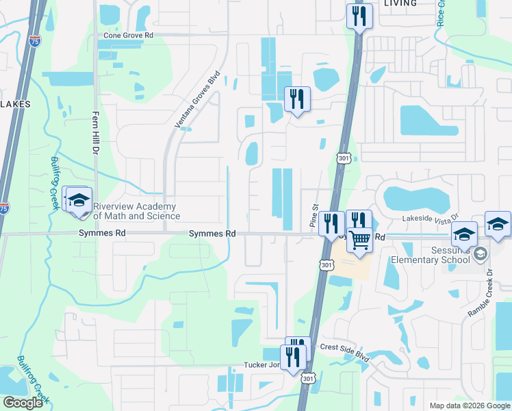 map of restaurants, bars, coffee shops, grocery stores, and more near 10404 Brussels Drive in Riverview
