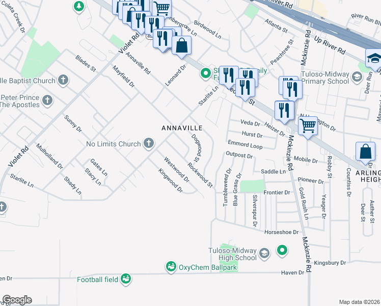 map of restaurants, bars, coffee shops, grocery stores, and more near 10721 Glenwood Street in Corpus Christi