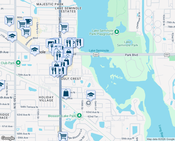map of restaurants, bars, coffee shops, grocery stores, and more near 7245 101st Lane in Seminole