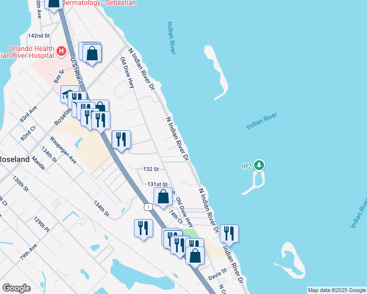 map of restaurants, bars, coffee shops, grocery stores, and more near 13340 North Indian River Drive in Sebastian