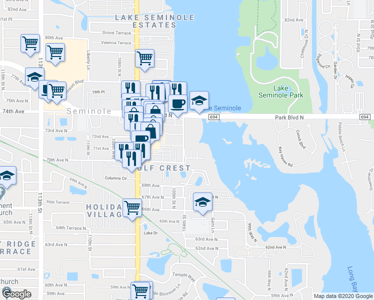 map of restaurants, bars, coffee shops, grocery stores, and more near 7285 103rd Lane in Seminole