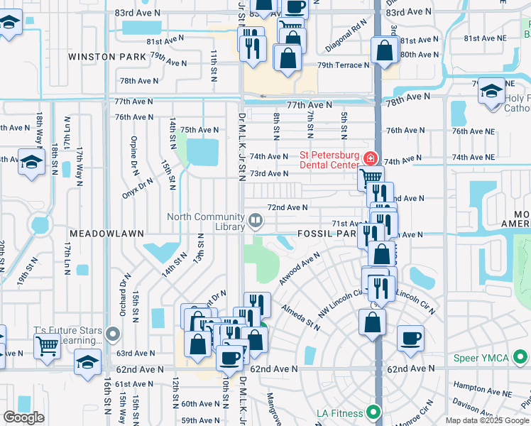map of restaurants, bars, coffee shops, grocery stores, and more near 832 72nd Avenue North in St. Petersburg