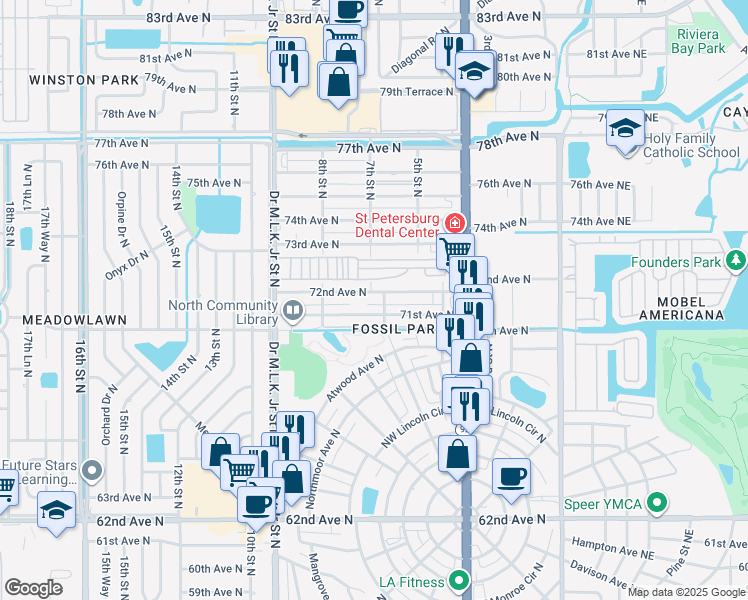 map of restaurants, bars, coffee shops, grocery stores, and more near 704 72nd Avenue North in St. Petersburg