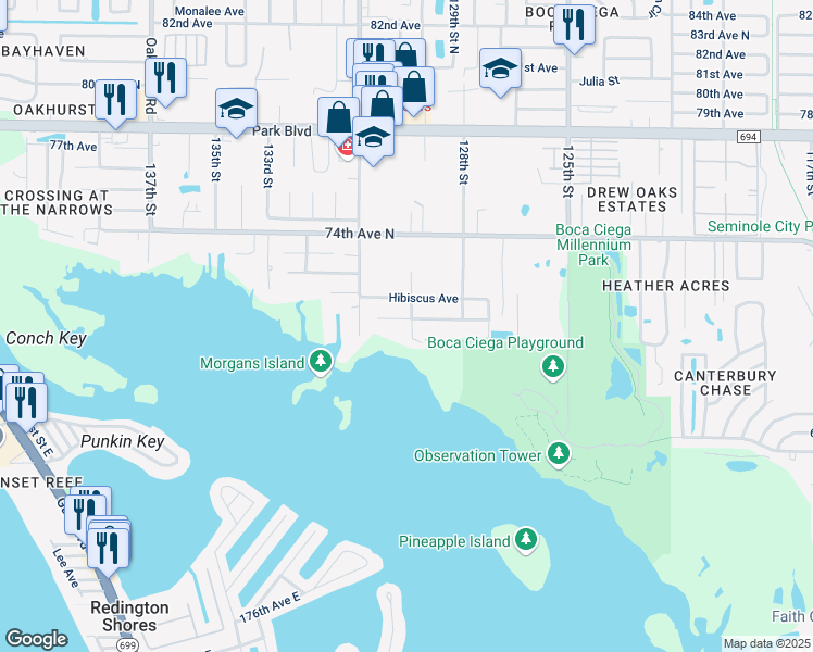 map of restaurants, bars, coffee shops, grocery stores, and more near 12920 Poinsettia Avenue in Seminole