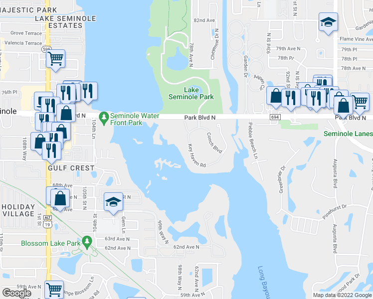 map of restaurants, bars, coffee shops, grocery stores, and more near 7070 Key Haven Road in Seminole