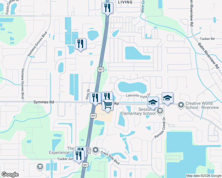 map of restaurants, bars, coffee shops, grocery stores, and more near 11303 Symmes Lake Drive in Riverview