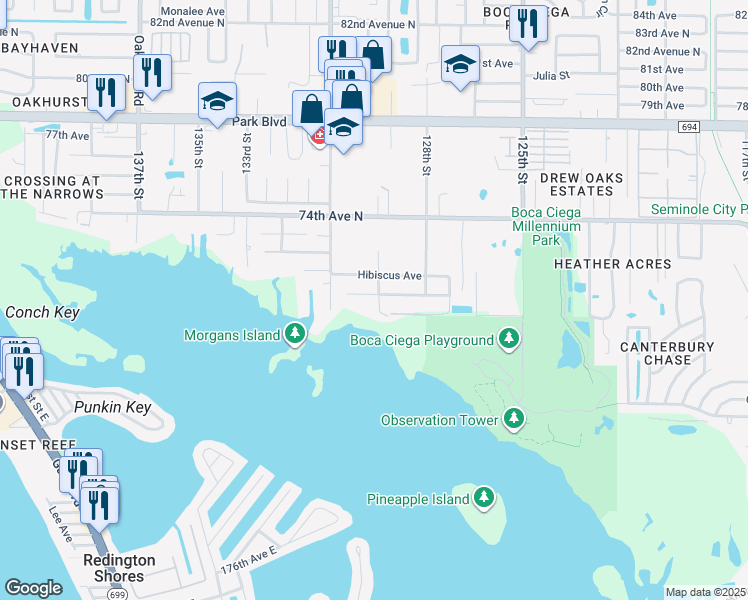 map of restaurants, bars, coffee shops, grocery stores, and more near 12920 Poinsettia Avenue in Seminole