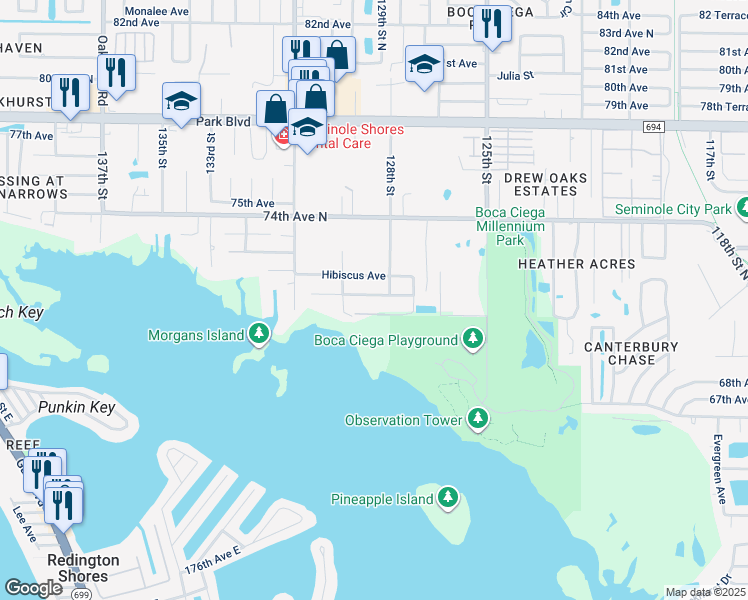 map of restaurants, bars, coffee shops, grocery stores, and more near 12834 Poinsettia Avenue in Seminole