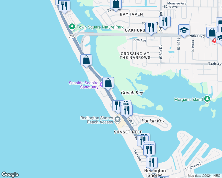 map of restaurants, bars, coffee shops, grocery stores, and more near 18395 Gulf Boulevard in Indian Shores