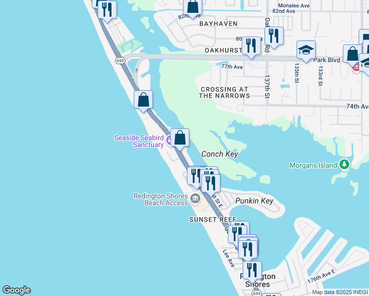map of restaurants, bars, coffee shops, grocery stores, and more near 18395 Gulf Boulevard in Indian Shores