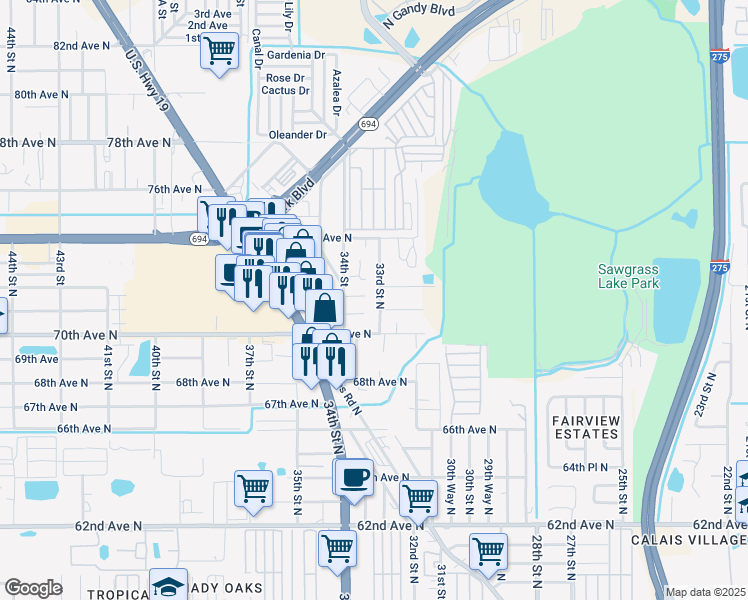 map of restaurants, bars, coffee shops, grocery stores, and more near 7130 33rd Street North in St. Petersburg