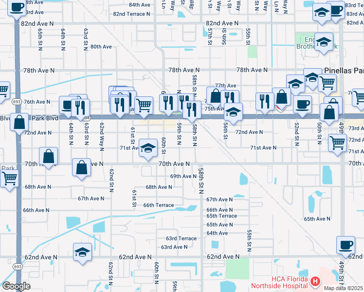 map of restaurants, bars, coffee shops, grocery stores, and more near 7100 59th Street North in Pinellas Park