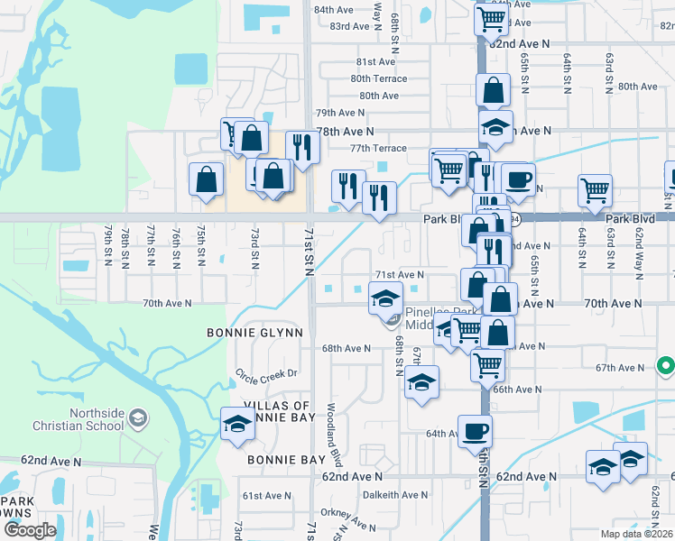 map of restaurants, bars, coffee shops, grocery stores, and more near 7100 70th Street North in Pinellas Park