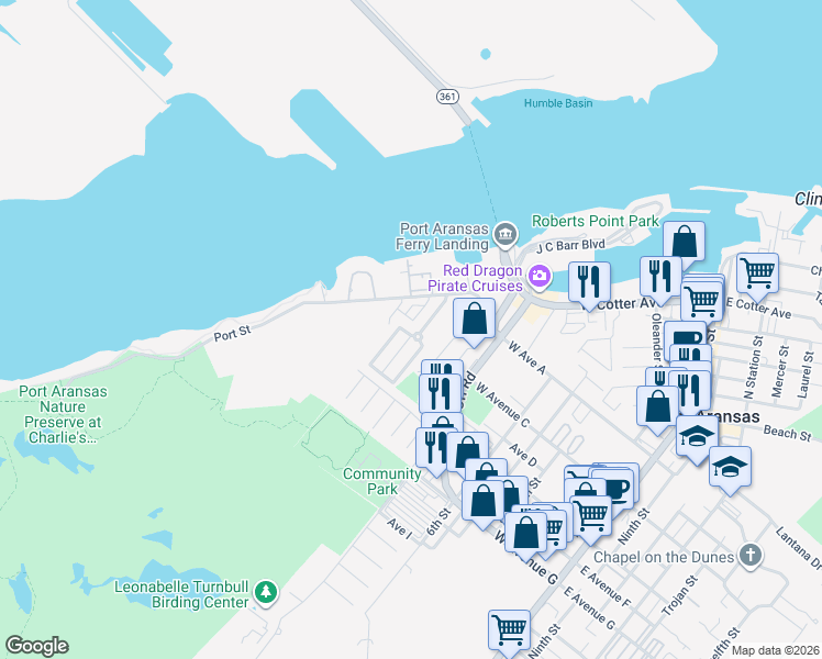 map of restaurants, bars, coffee shops, grocery stores, and more near 104 Port Elizabeth Street in Port Aransas