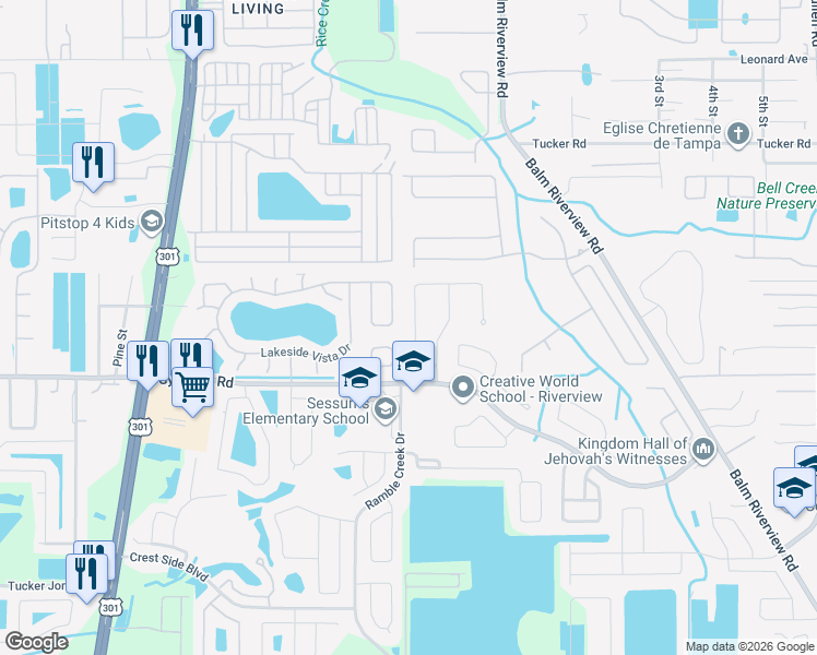 map of restaurants, bars, coffee shops, grocery stores, and more near 11351 Cocoa Beach Drive in Riverview