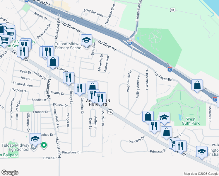 map of restaurants, bars, coffee shops, grocery stores, and more near 2914 East Harrington Drive in Corpus Christi