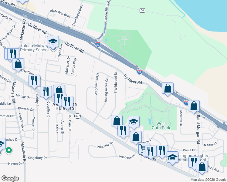 map of restaurants, bars, coffee shops, grocery stores, and more near 350 East Wildwood Drive in Corpus Christi