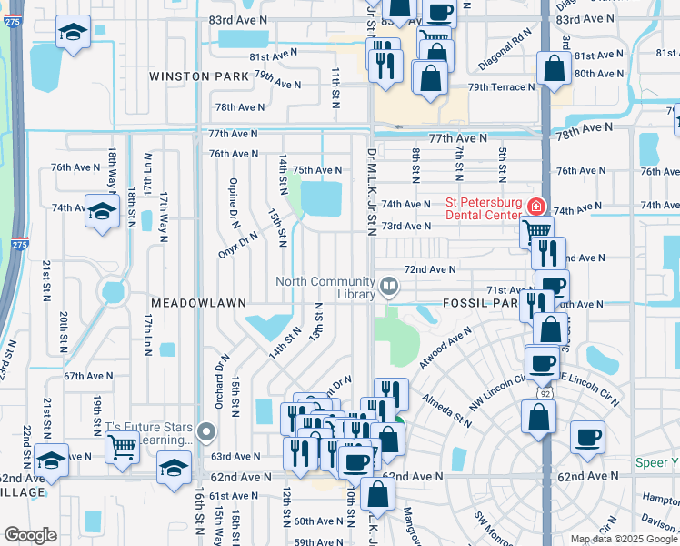 map of restaurants, bars, coffee shops, grocery stores, and more near 7127 12th Street North in Saint Petersburg