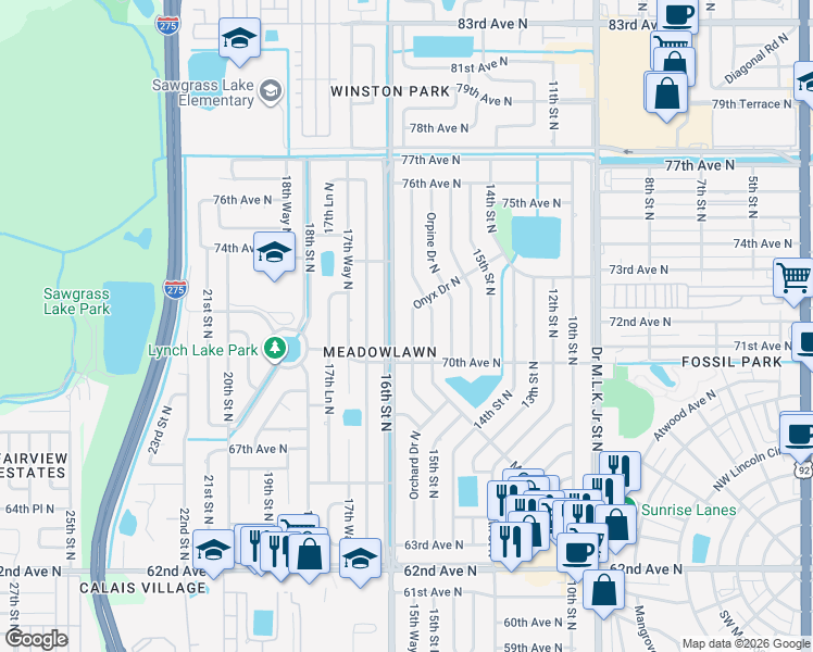 map of restaurants, bars, coffee shops, grocery stores, and more near 7128 Onyx Drive North in St. Petersburg