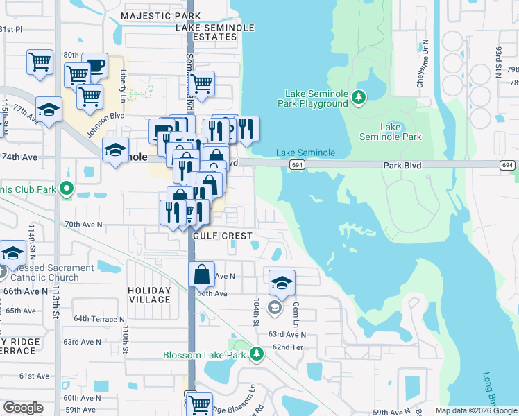 map of restaurants, bars, coffee shops, grocery stores, and more near 7285 103rd Lane in Seminole