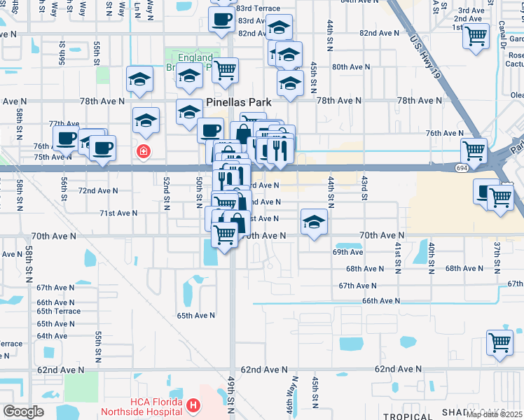 map of restaurants, bars, coffee shops, grocery stores, and more near 7150 47th Street North in Pinellas Park