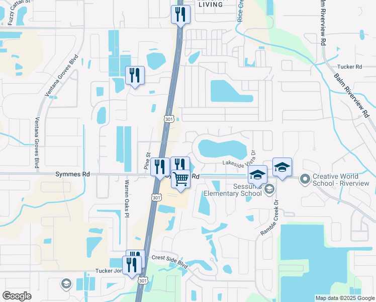 map of restaurants, bars, coffee shops, grocery stores, and more near 11303 Symmes Lake Drive in Riverview