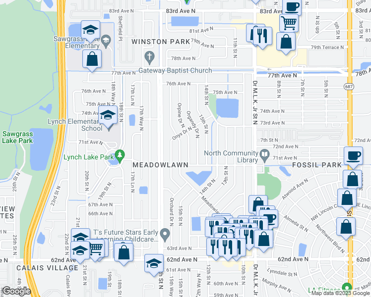 map of restaurants, bars, coffee shops, grocery stores, and more near 7130 Orpine Drive North in St. Petersburg