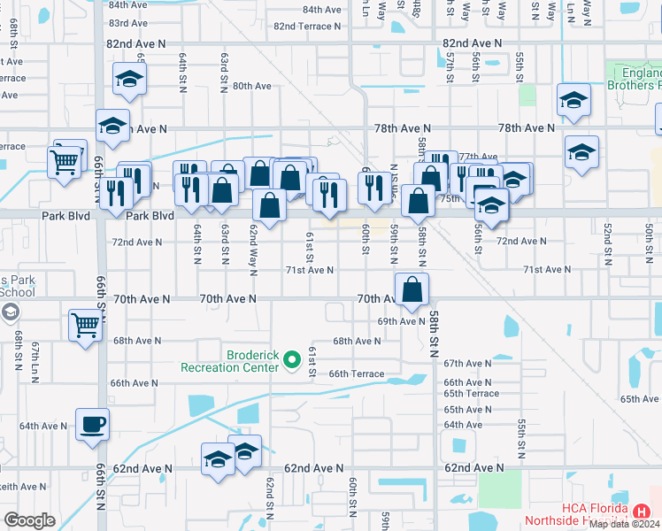 map of restaurants, bars, coffee shops, grocery stores, and more near 7114 60th Way North in Pinellas Park