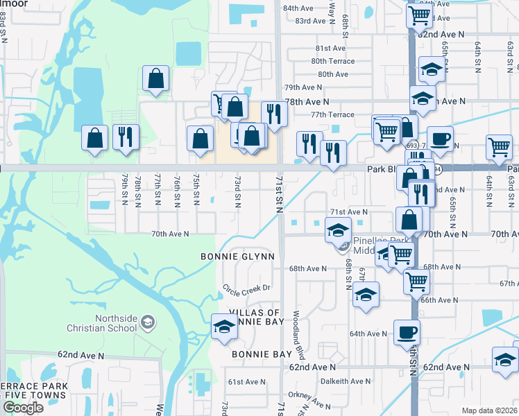 map of restaurants, bars, coffee shops, grocery stores, and more near 7108 72nd Street North in Pinellas Park