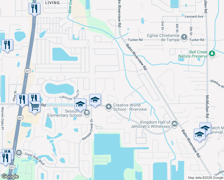 map of restaurants, bars, coffee shops, grocery stores, and more near 11206 Cocoa Beach Drive in Riverview