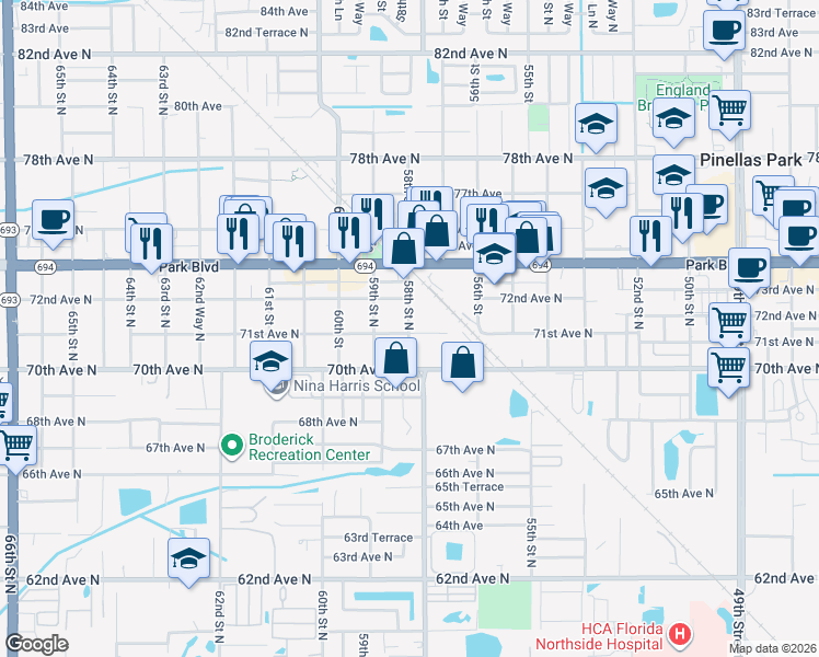 map of restaurants, bars, coffee shops, grocery stores, and more near 7151 58th Street North in Pinellas Park