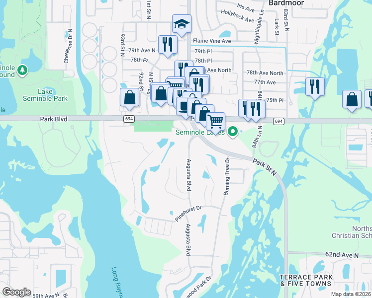 map of restaurants, bars, coffee shops, grocery stores, and more near 7132 Augusta Boulevard in Seminole