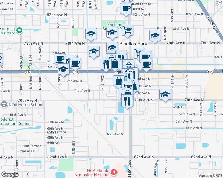 map of restaurants, bars, coffee shops, grocery stores, and more near in Pinellas Park