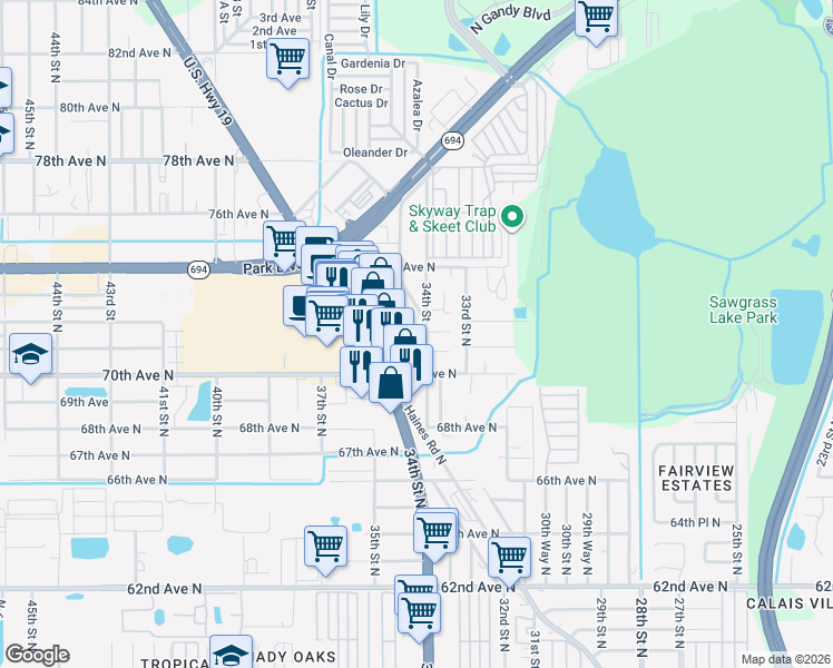 map of restaurants, bars, coffee shops, grocery stores, and more near 3461 Beechwood Terrace in Pinellas Park