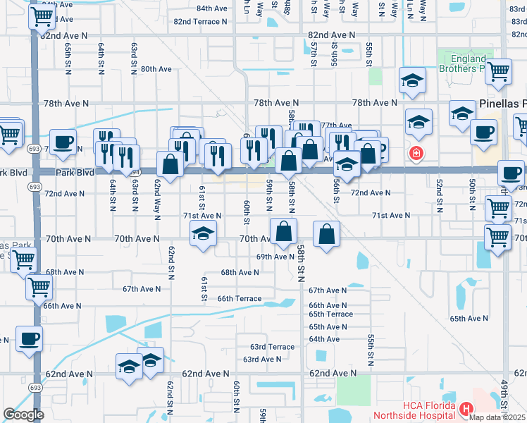 map of restaurants, bars, coffee shops, grocery stores, and more near 7100 59th Street North in Pinellas Park