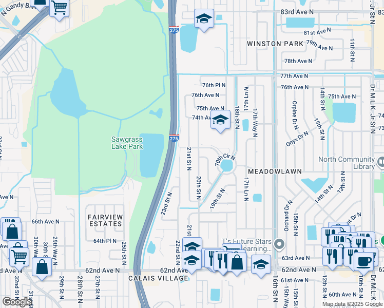 map of restaurants, bars, coffee shops, grocery stores, and more near 7063 21st Street North in Saint Petersburg