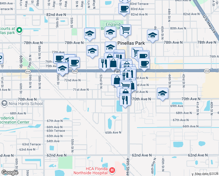 map of restaurants, bars, coffee shops, grocery stores, and more near in Pinellas Park