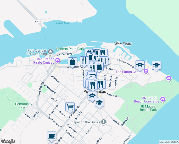 map of restaurants, bars, coffee shops, grocery stores, and more near 131 White Avenue in Port Aransas