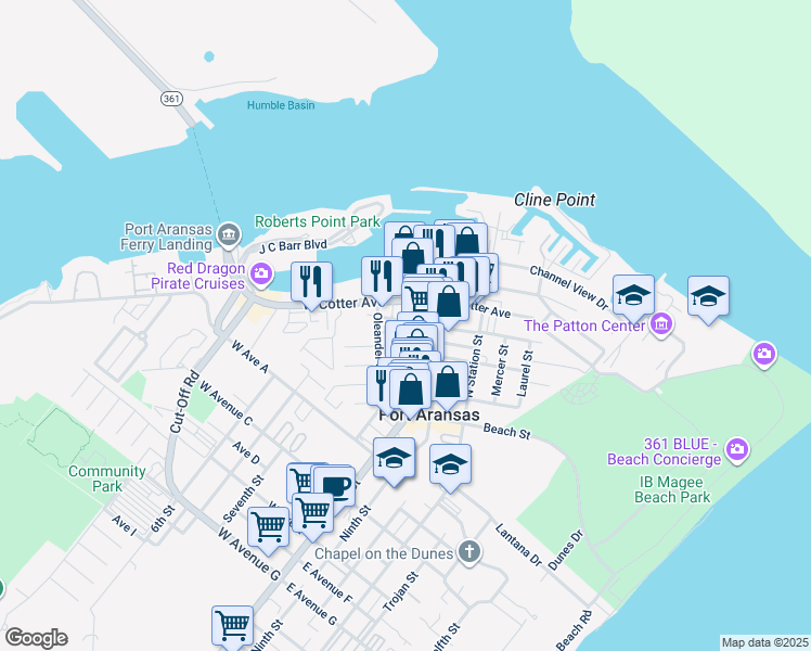 map of restaurants, bars, coffee shops, grocery stores, and more near 131 White Avenue in Port Aransas