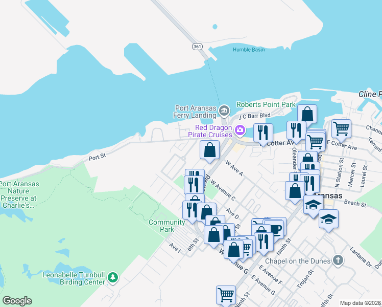 map of restaurants, bars, coffee shops, grocery stores, and more near 104 Port Elizabeth Street in Port Aransas