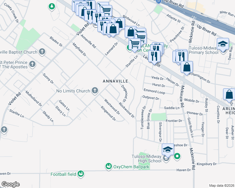 map of restaurants, bars, coffee shops, grocery stores, and more near 10721 Glenwood Street in Corpus Christi