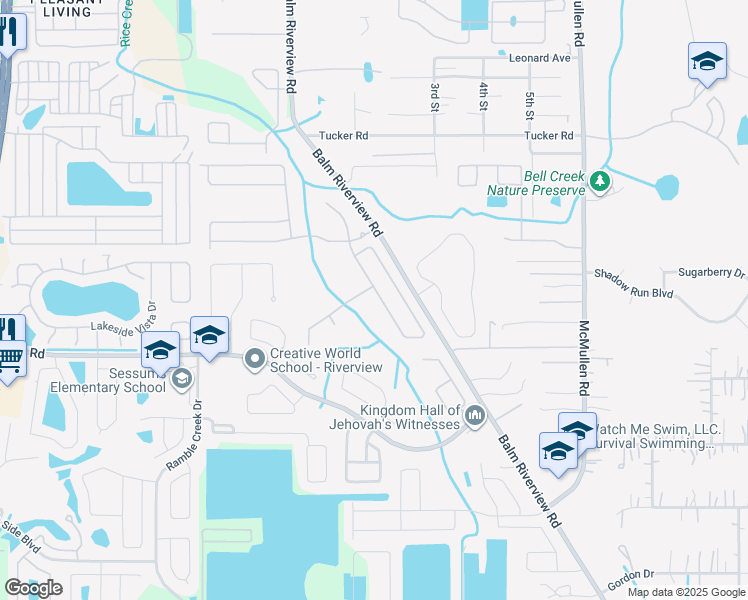 map of restaurants, bars, coffee shops, grocery stores, and more near 11133 Running Pine Drive in Riverview