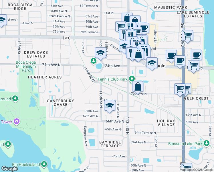 map of restaurants, bars, coffee shops, grocery stores, and more near 11593 Shelly Circle in Seminole