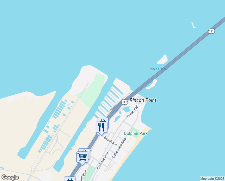 map of restaurants, bars, coffee shops, grocery stores, and more near 734 Kings Point Harbor Drive in Corpus Christi
